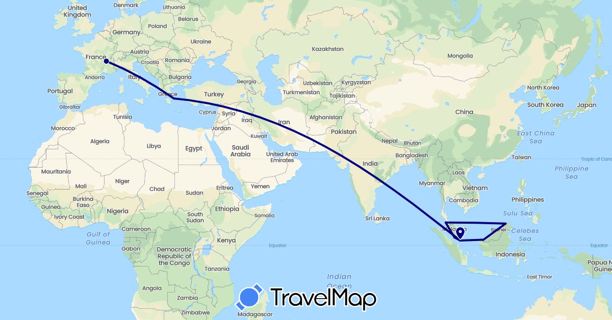 TravelMap itinerary: driving in France, Greece, Malaysia, Singapore (Asia, Europe)
